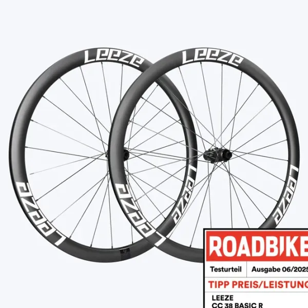 LEEZE CC38 BASIC R, Carbon-Laufradsatz, Shimano, nur 1290 gramm, Farbe: schwarz/schwarz