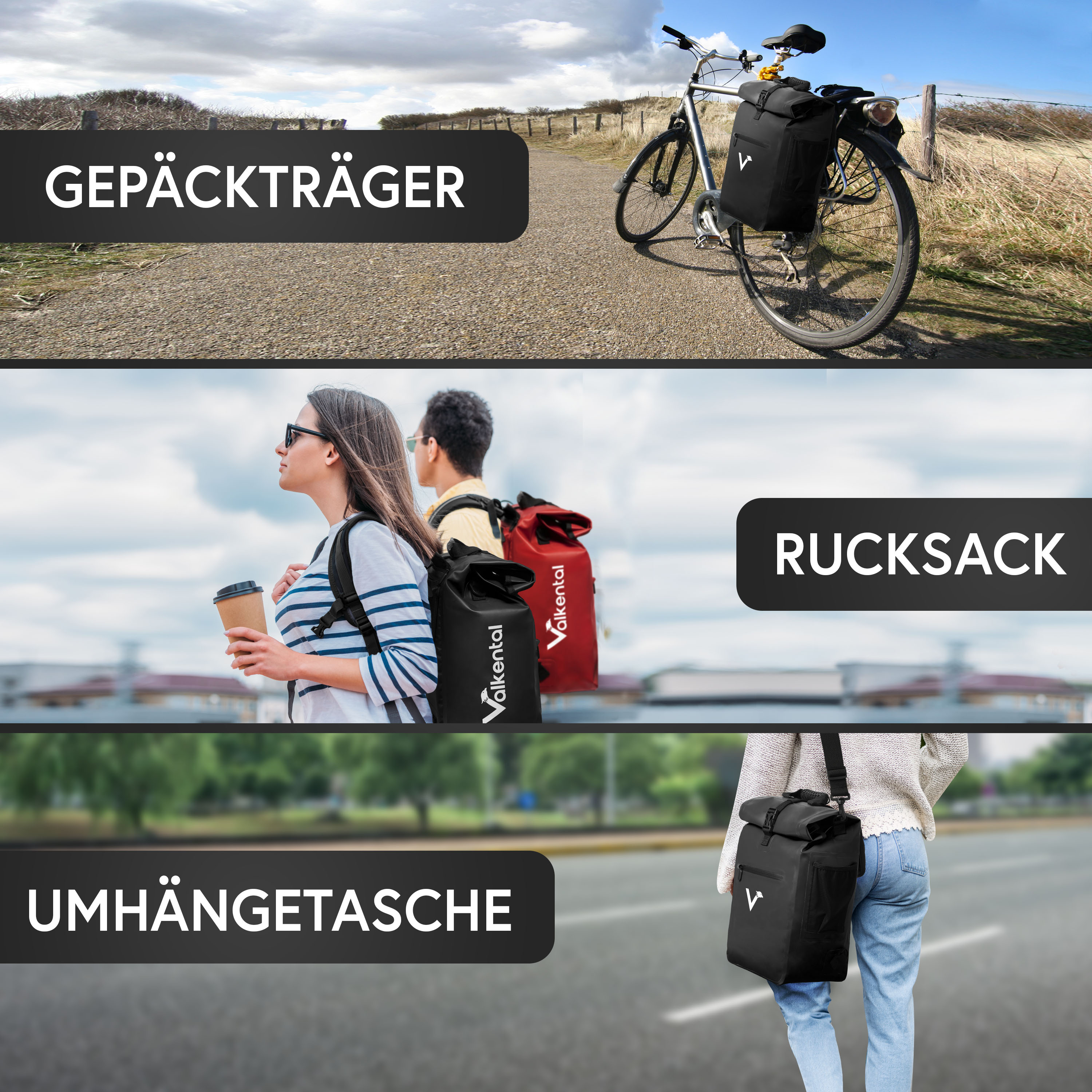 Valkental ValkOne 3 in 1 Fahrradtasche und Rucksack, mattschwarz, wasserdicht!